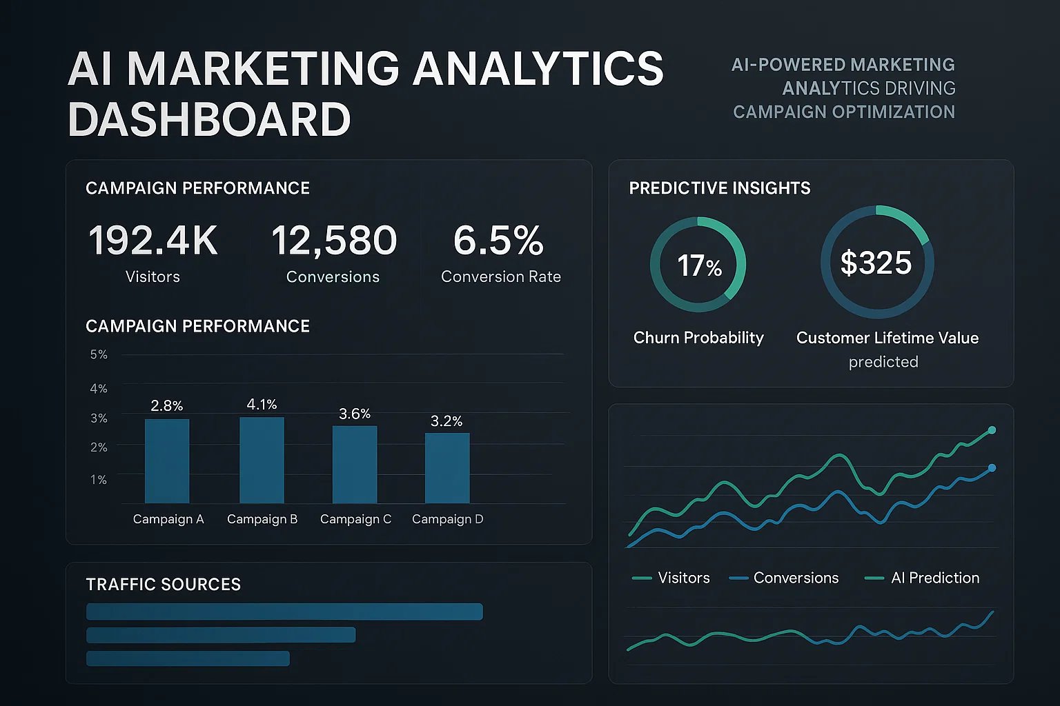 AI Marketing Analytics Dashboard showing campaign performance and predictive insights