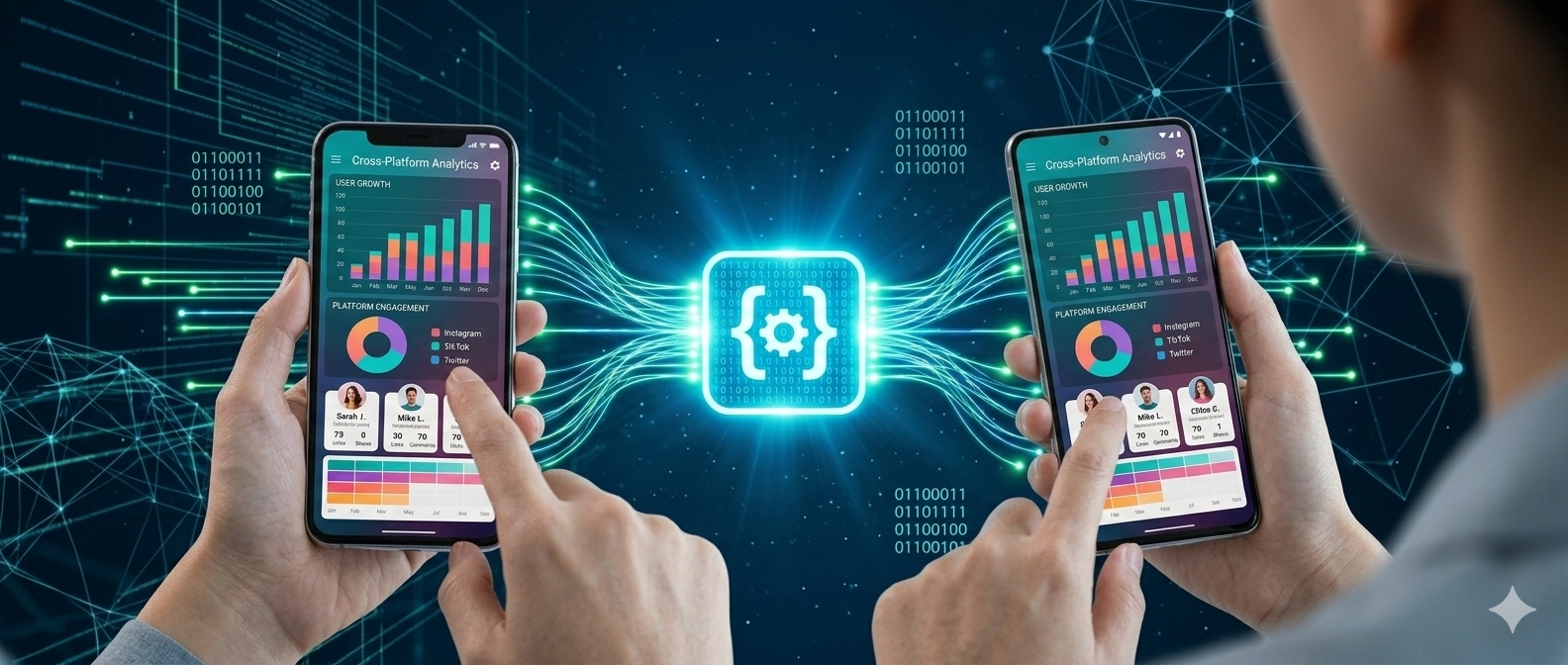 A conceptual image showing a single codebase deploying to both iOS and Android devices.