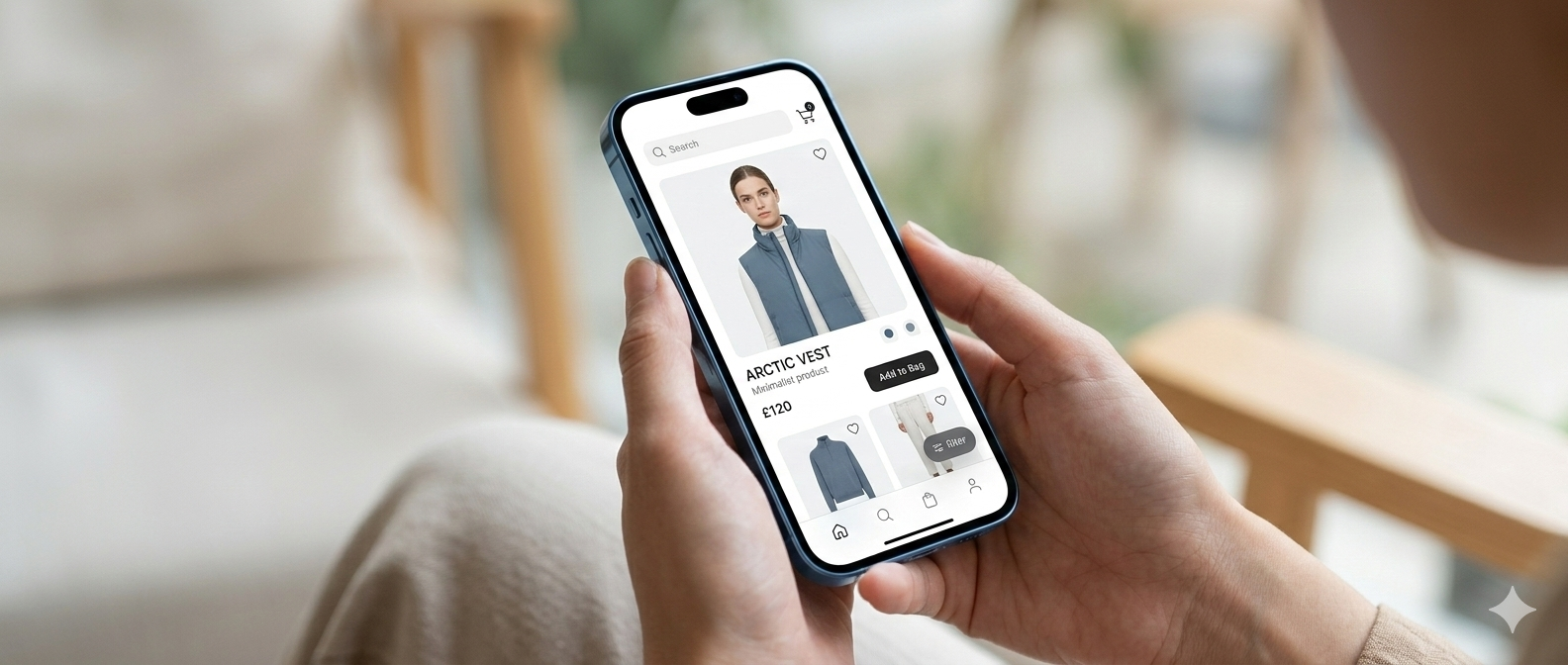 A person holding an iPhone showcasing a beautifully designed app.