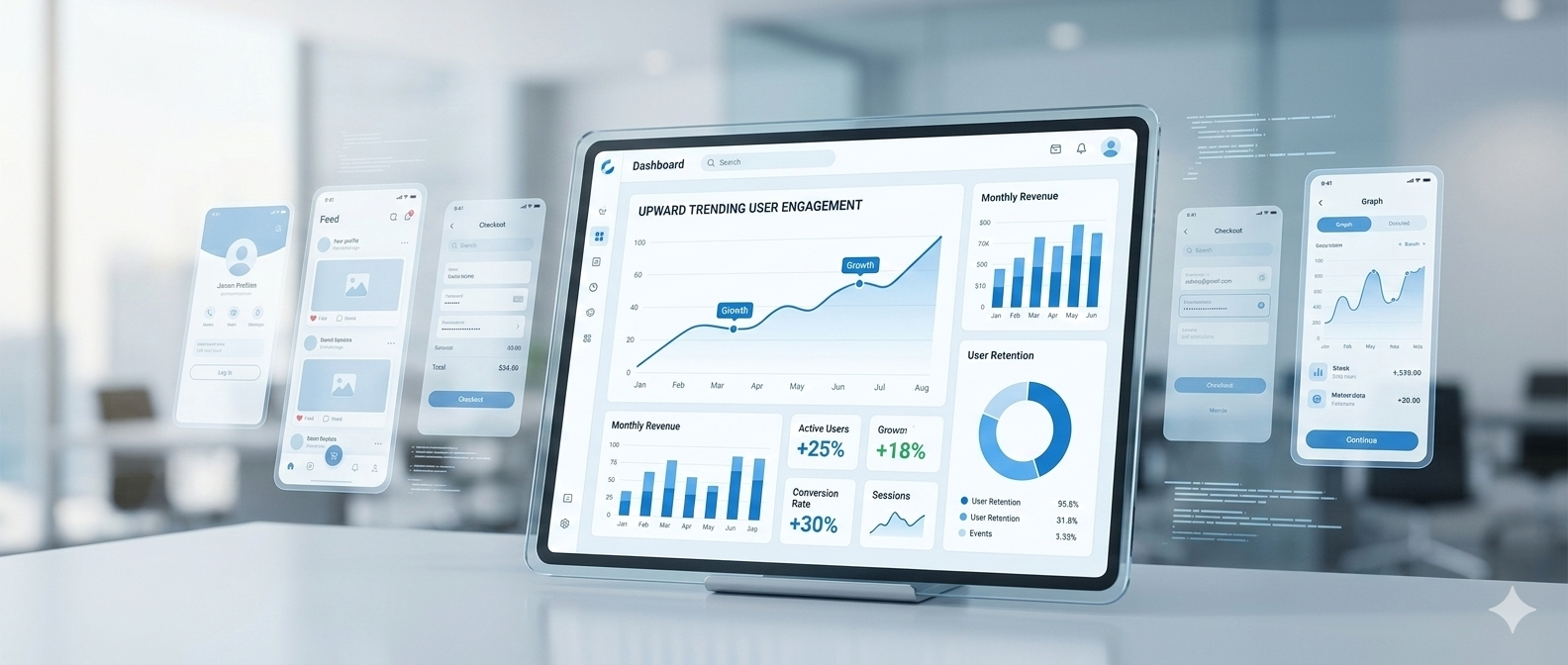 An abstract visualization of mobile app interfaces connecting with business growth metrics and charts.