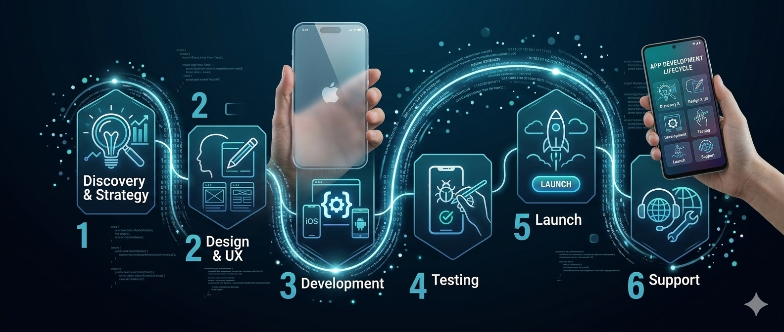 An infographic showing a 6-step mobile app development process: Discovery, Design, Development, Testing, Launch, and Support.