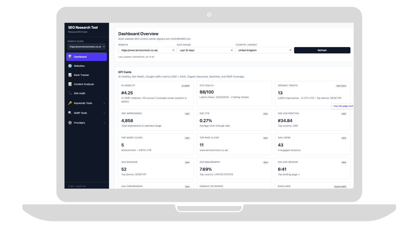SEO research dashboard web app project preview