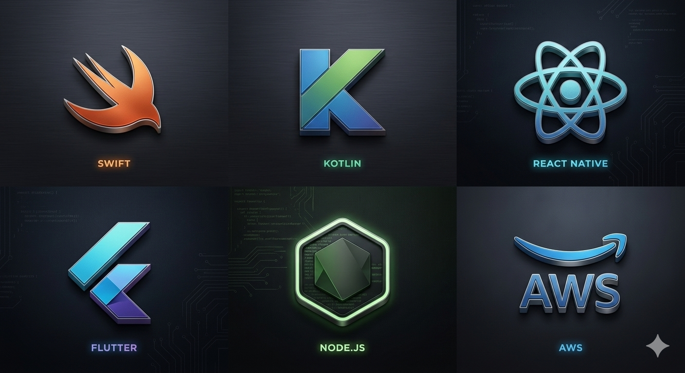A collage of technology logos including Swift, Kotlin, React Native, Flutter, Node.js, and AWS.